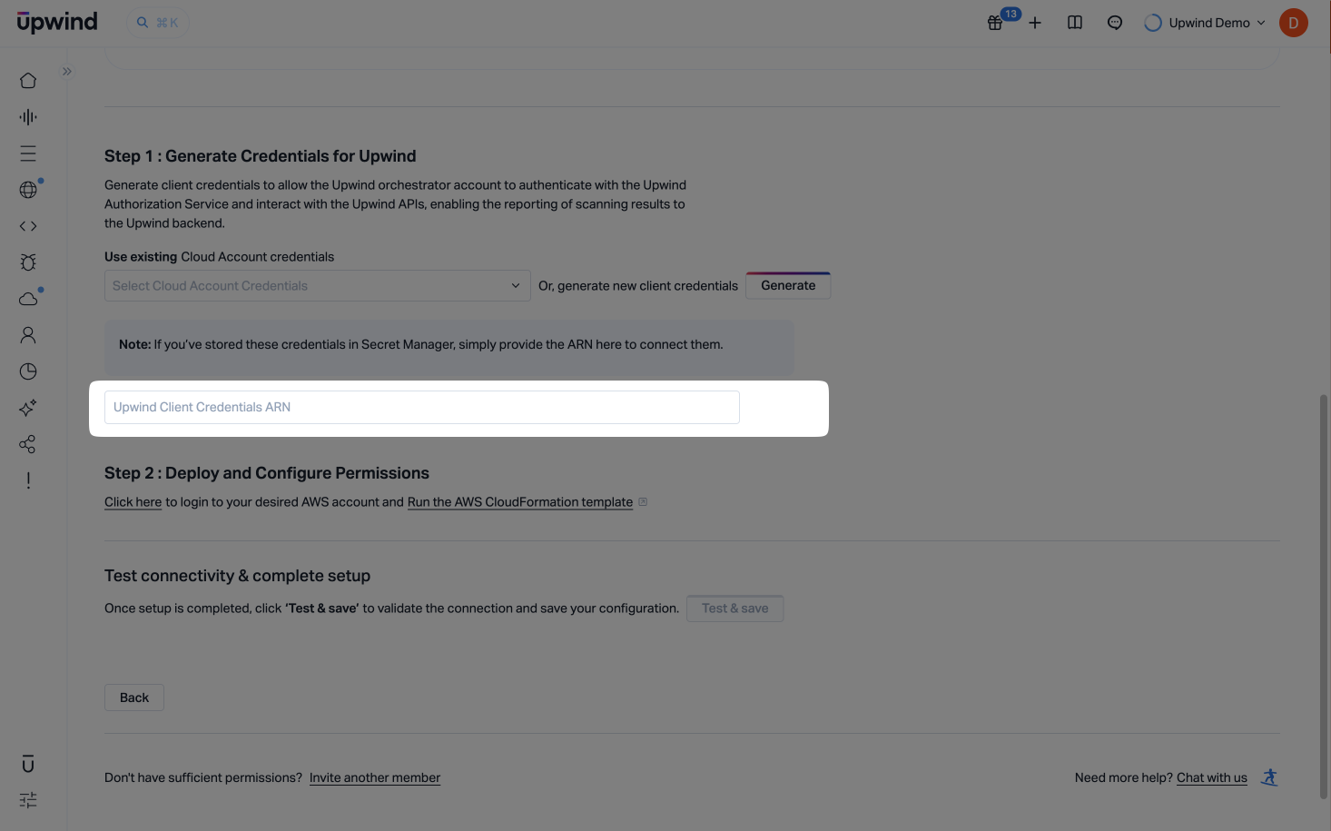 Provide an existing Upwind Client Credentials ARN for the AWS account (CloudFormation)