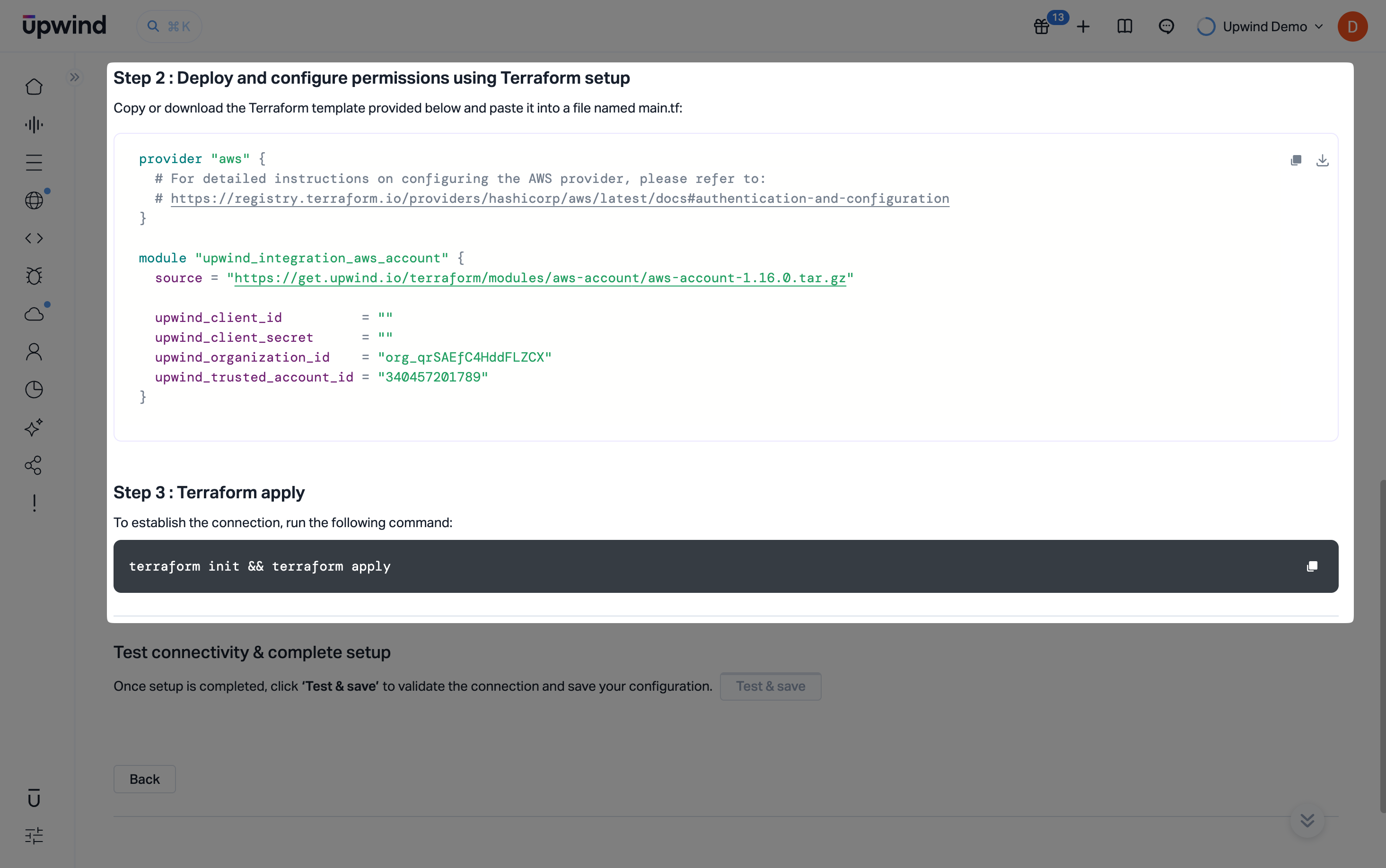 Deploy and apply the Terraform module to connect the AWS account