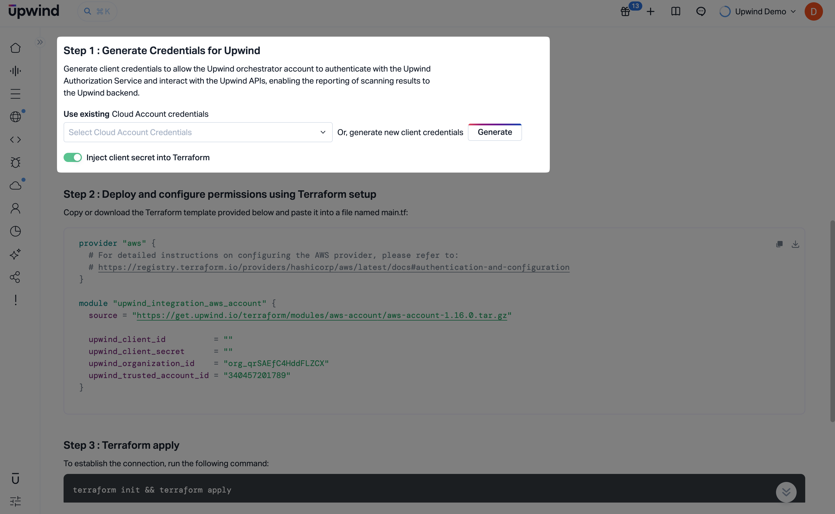 Generate client credentials for the AWS account (Terraform)