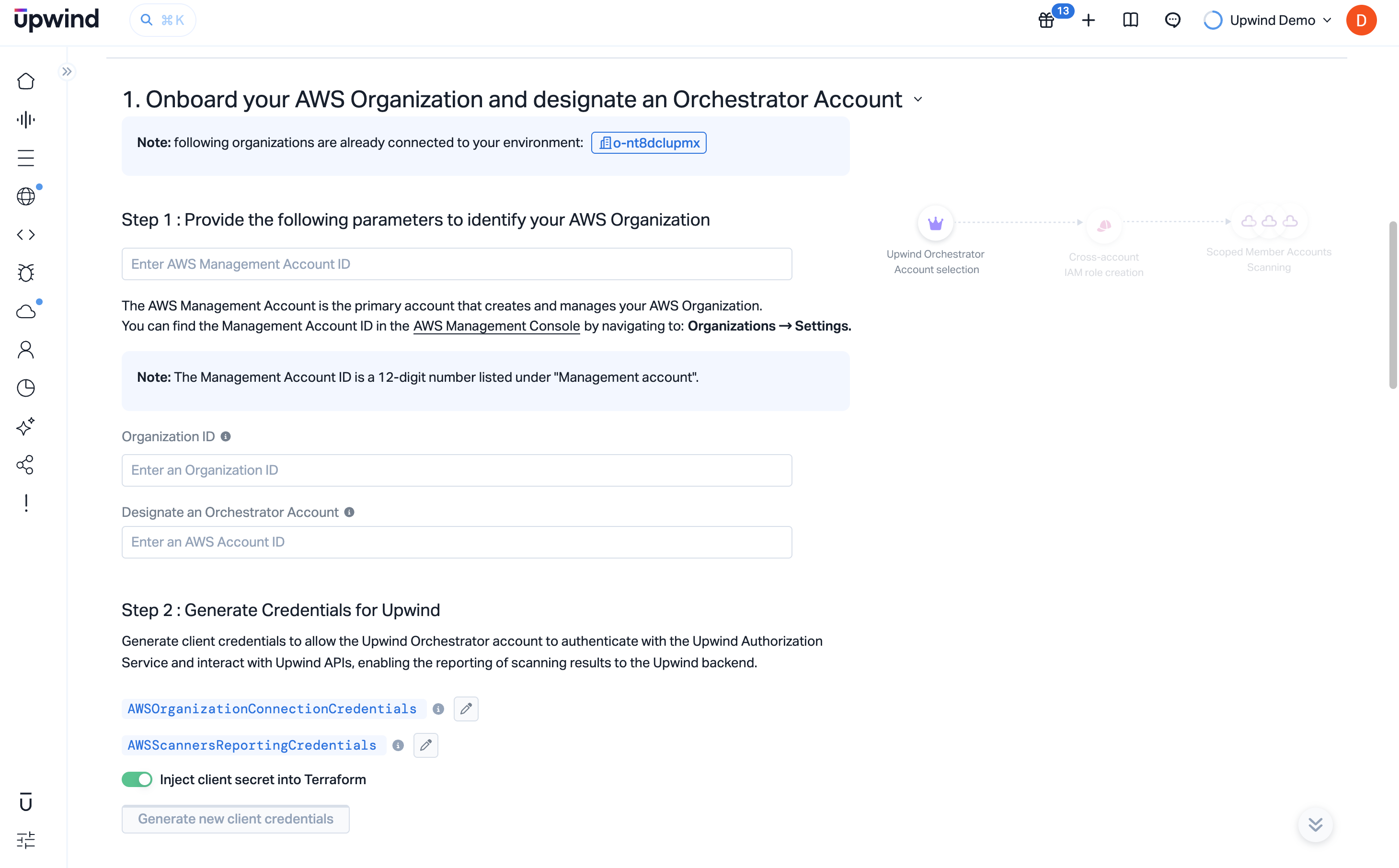 AWS Organization parameters and orchestrator account fields (Terraform)