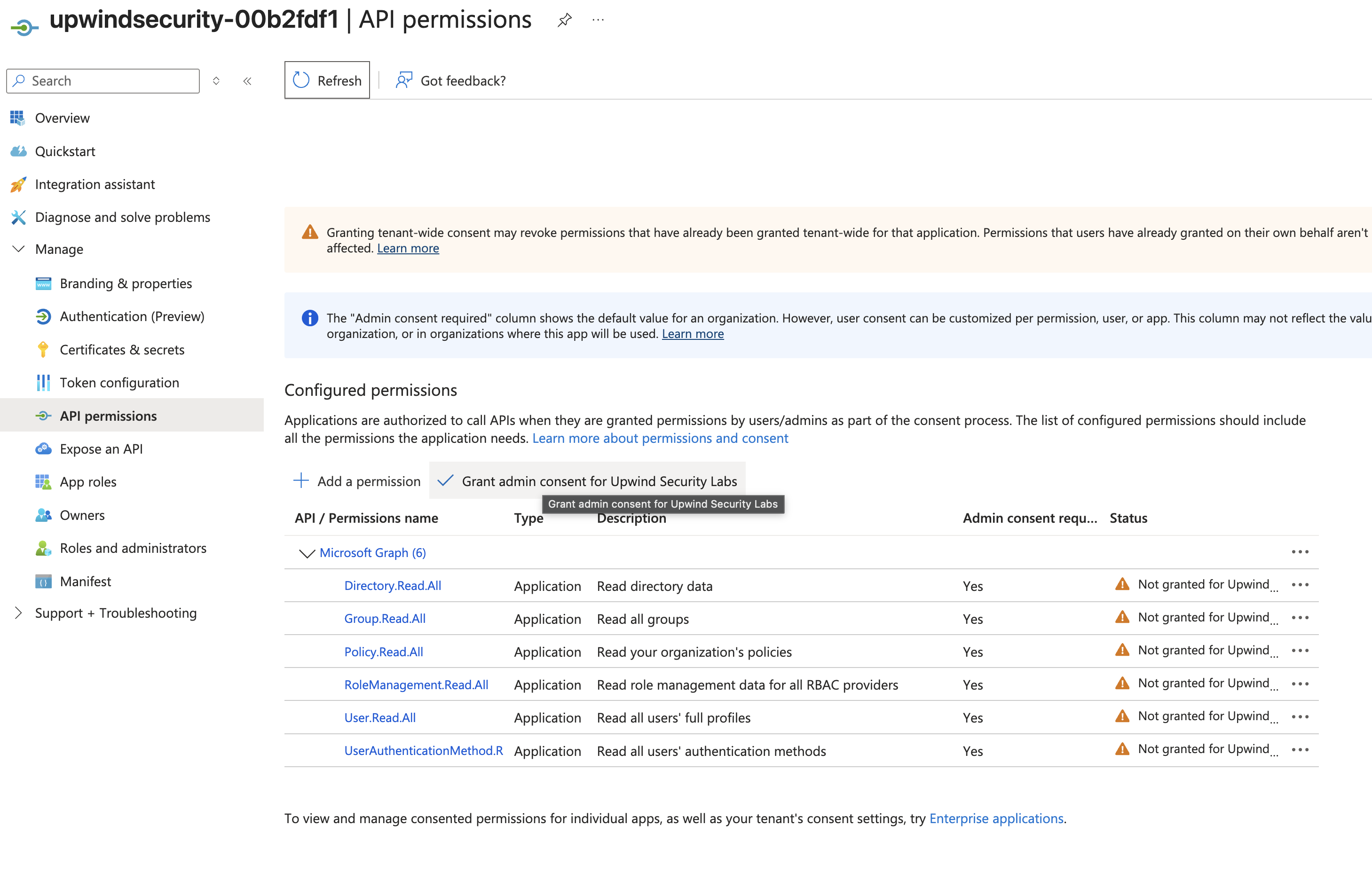 Grant admin consent on the Upwind app registration's API permissions page