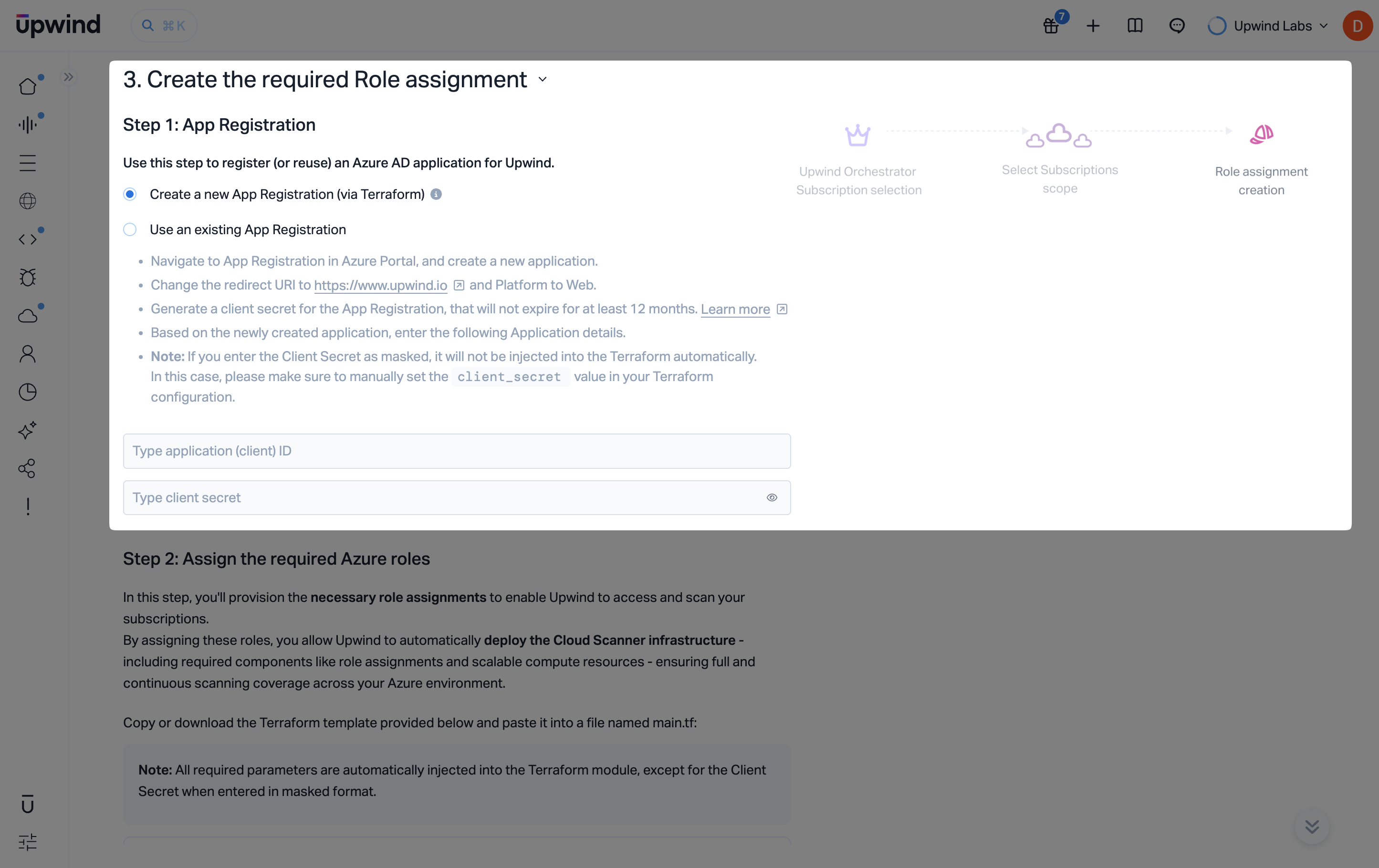 App registration section for role assignment creation