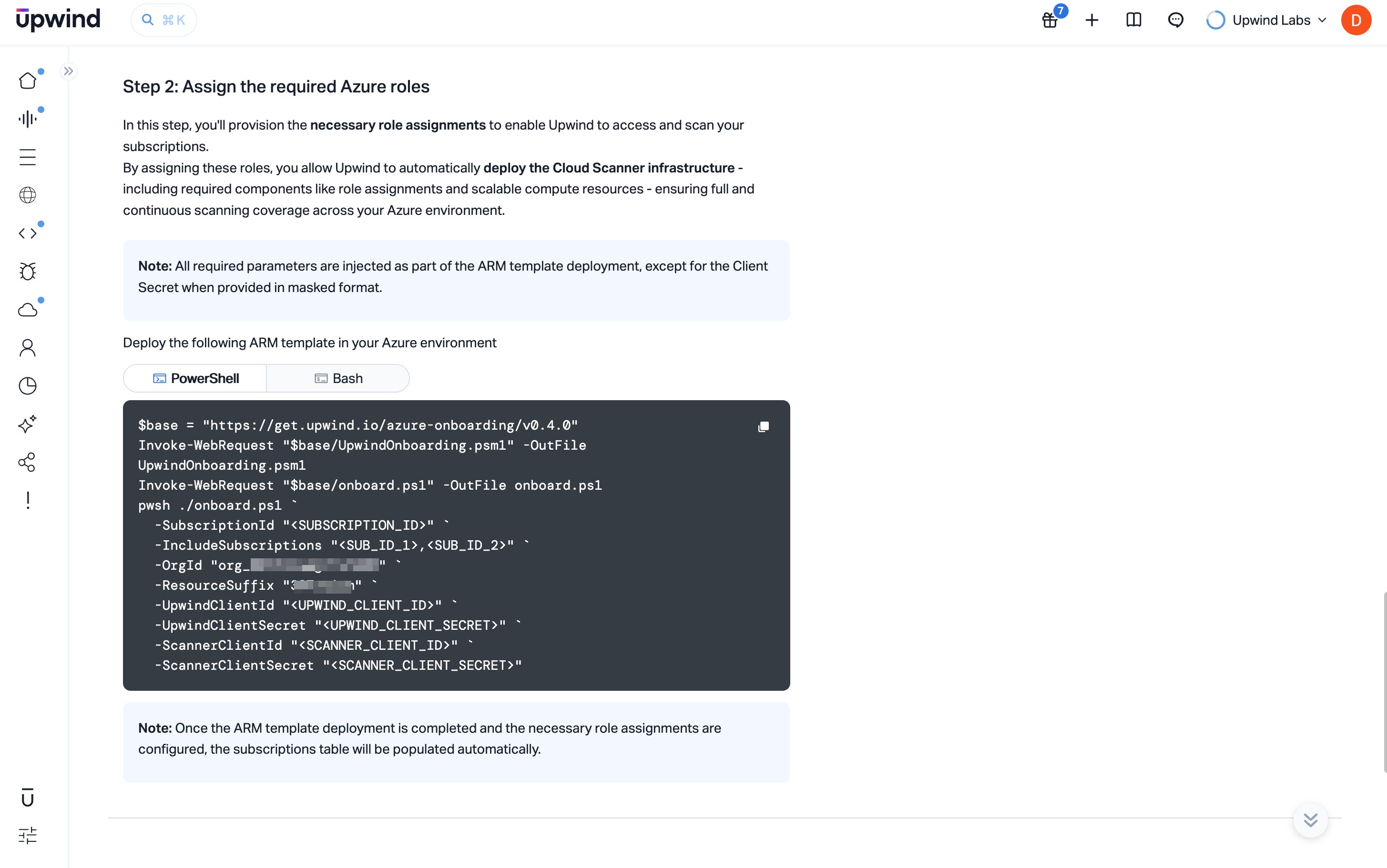 Assign required Azure roles by deploying the ARM onboarding script (PowerShell / Bash)