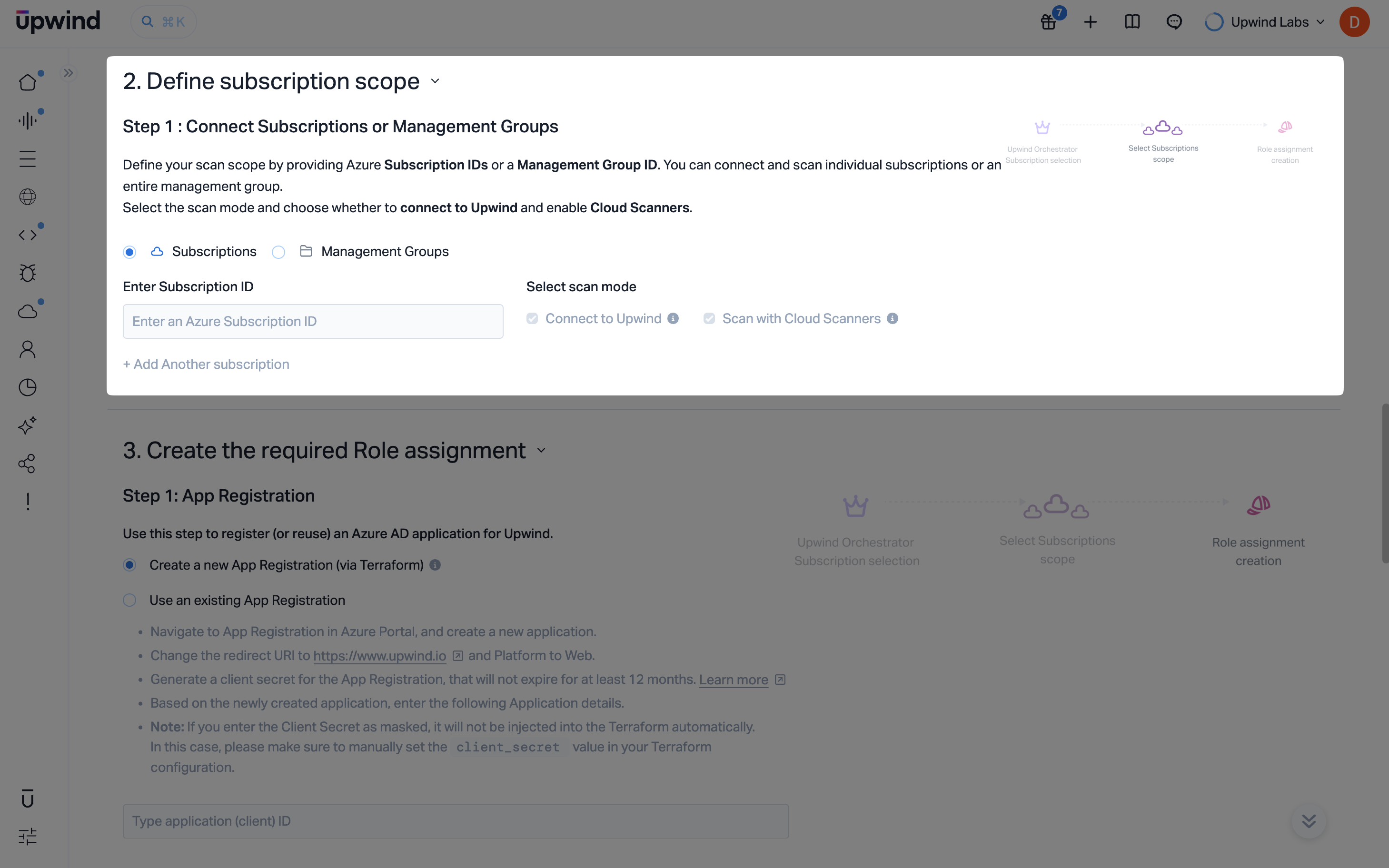 Define subscription scope: subscriptions or management groups, multiple entries, and scan mode selection