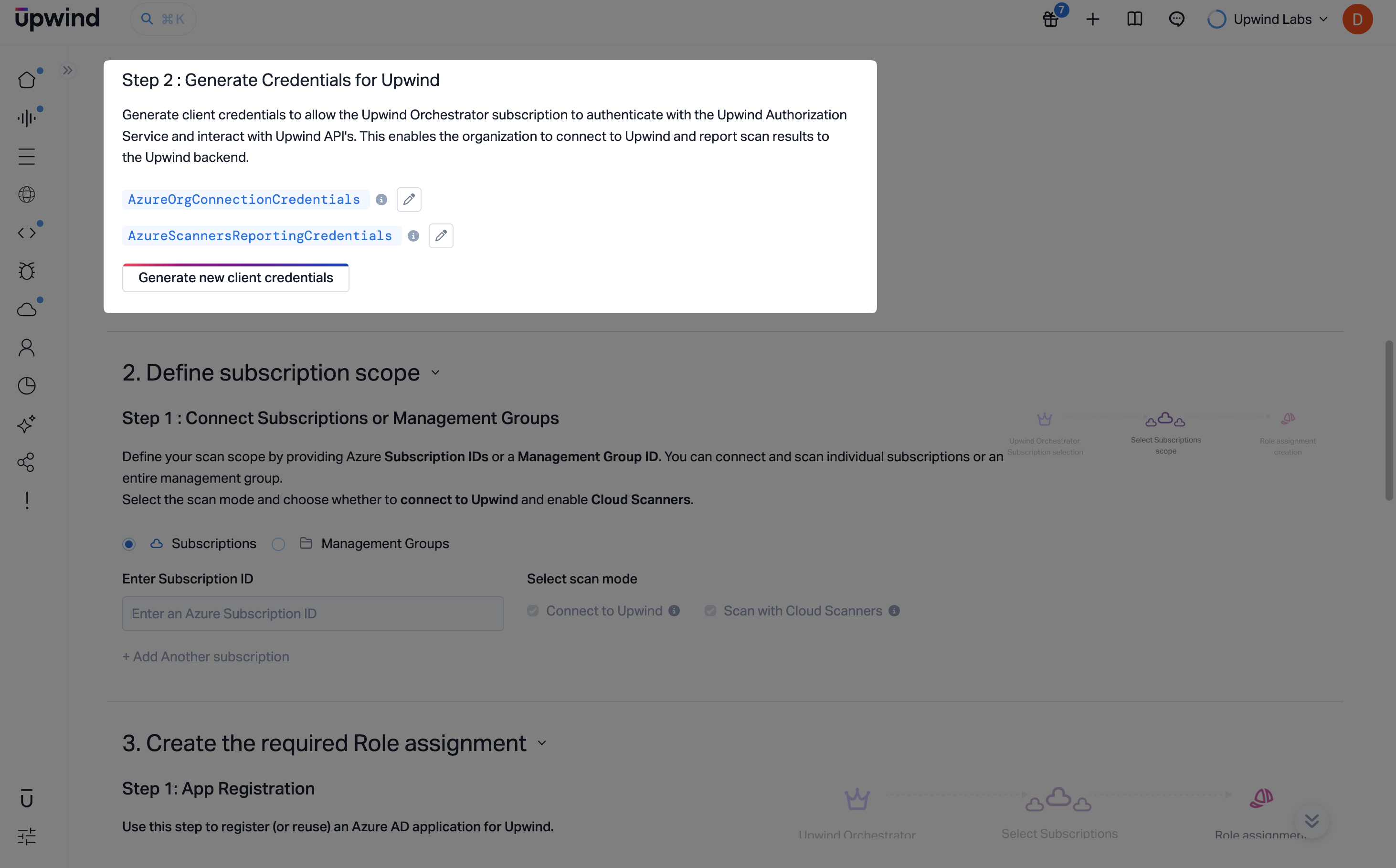 Generate client credentials and proceed to scope selection