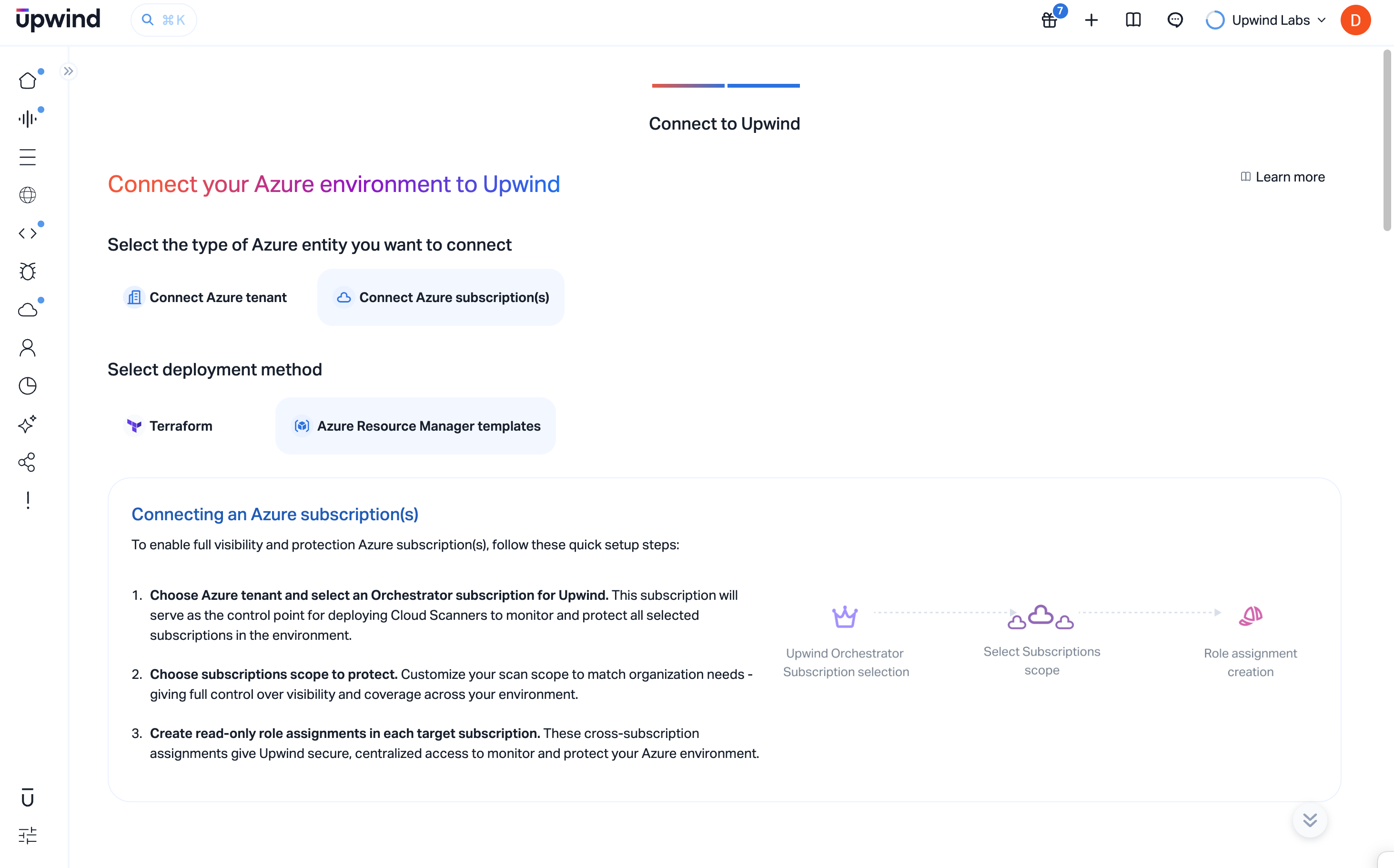 Connect Azure subscription(s) and select Azure Resource Manager templates as the deployment method