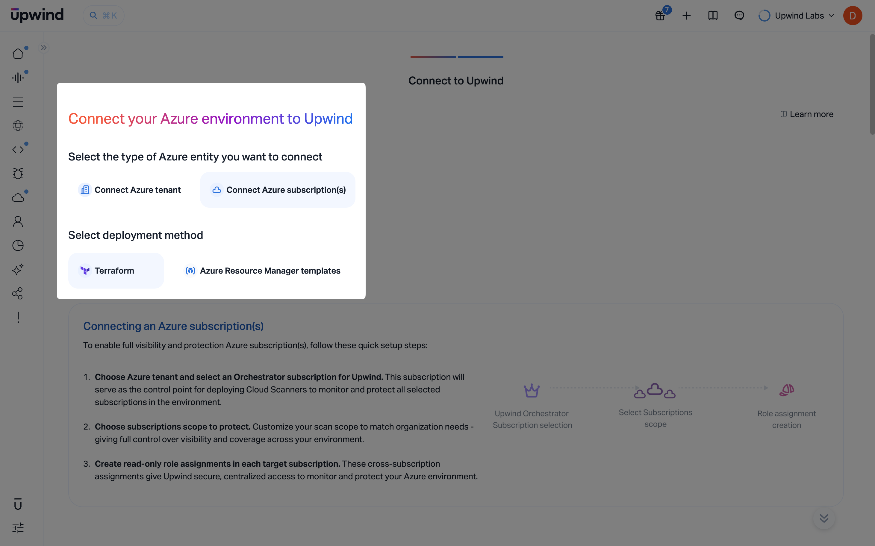 Connect Azure subscription(s) and select Terraform as the deployment method