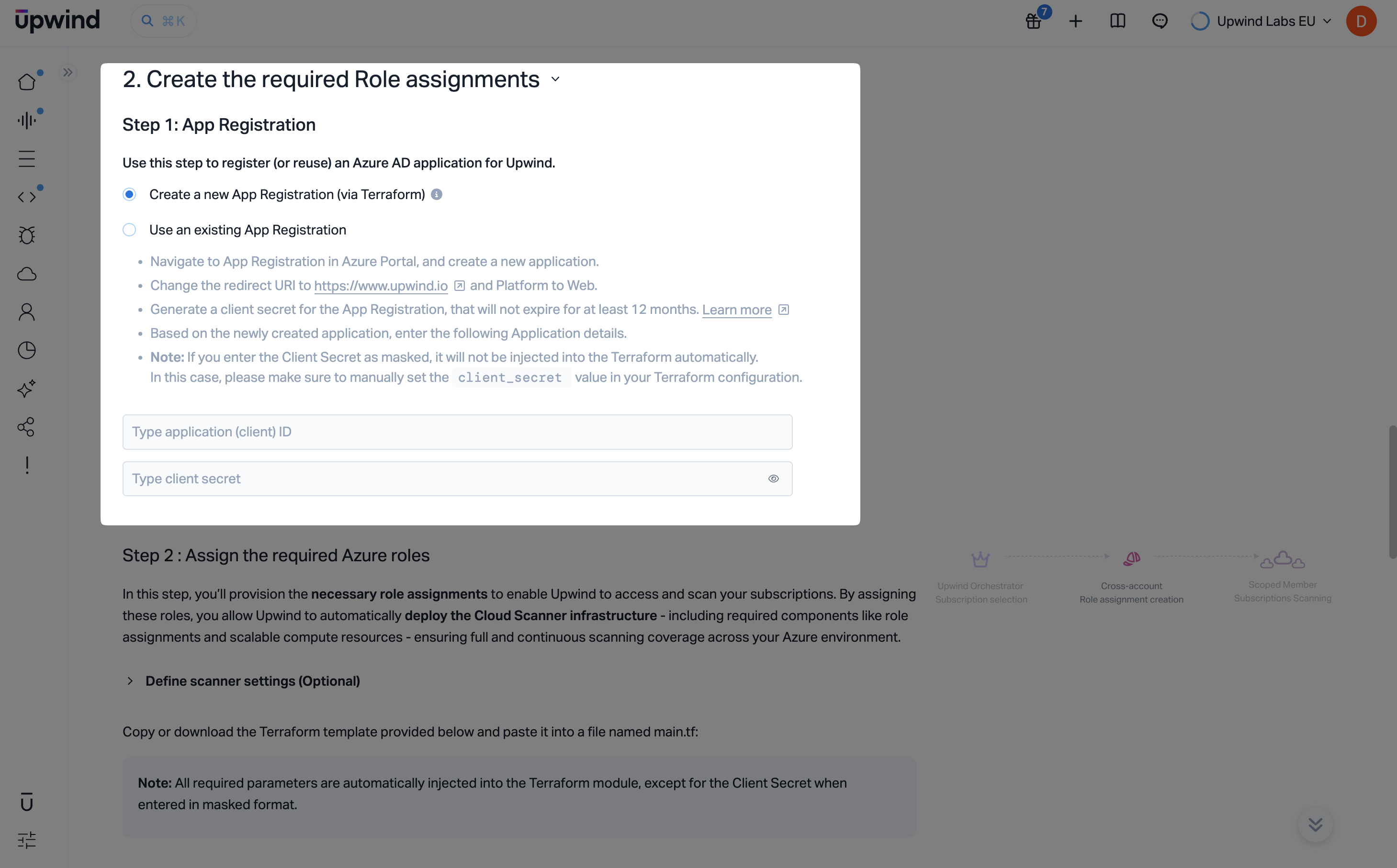 App registration options for Upwind