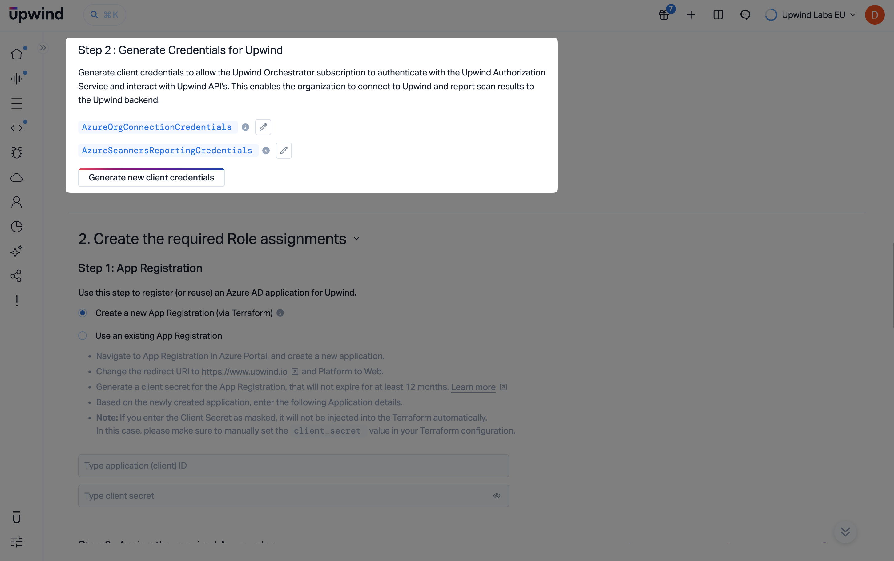 Generate client credentials for Upwind