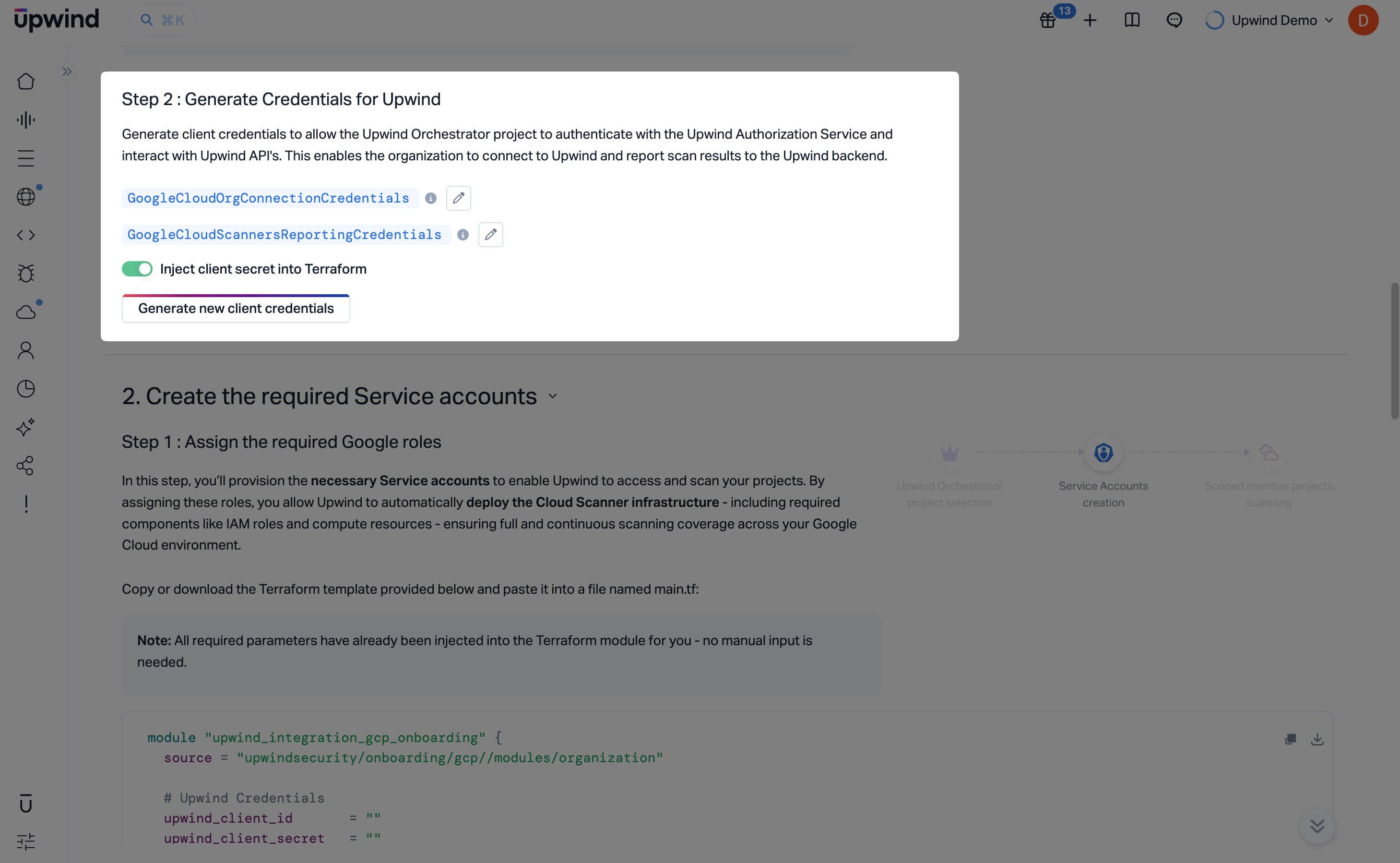 Generate client credentials for the Google Cloud Organization