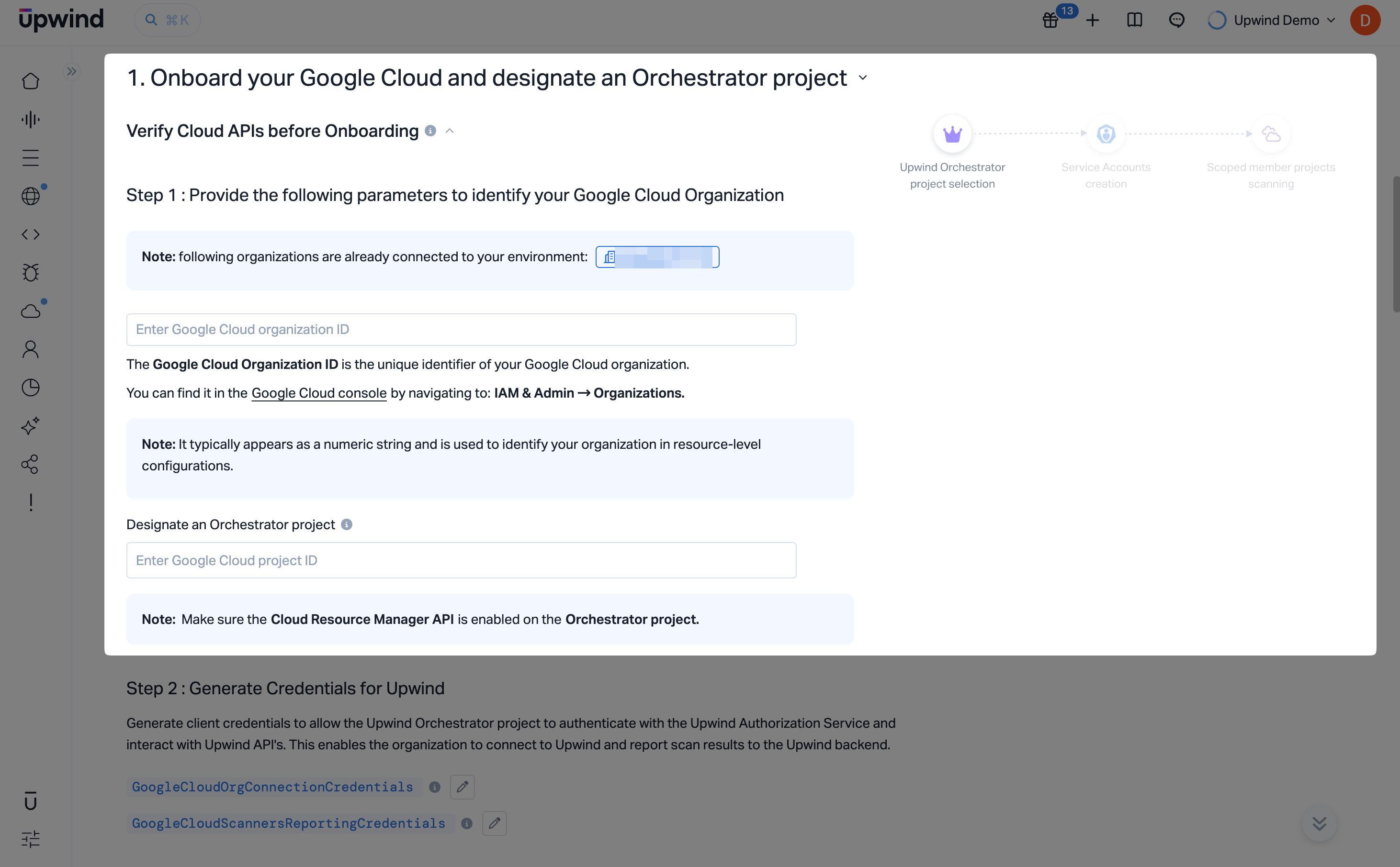 Google Cloud Organization parameters and orchestrator project fields