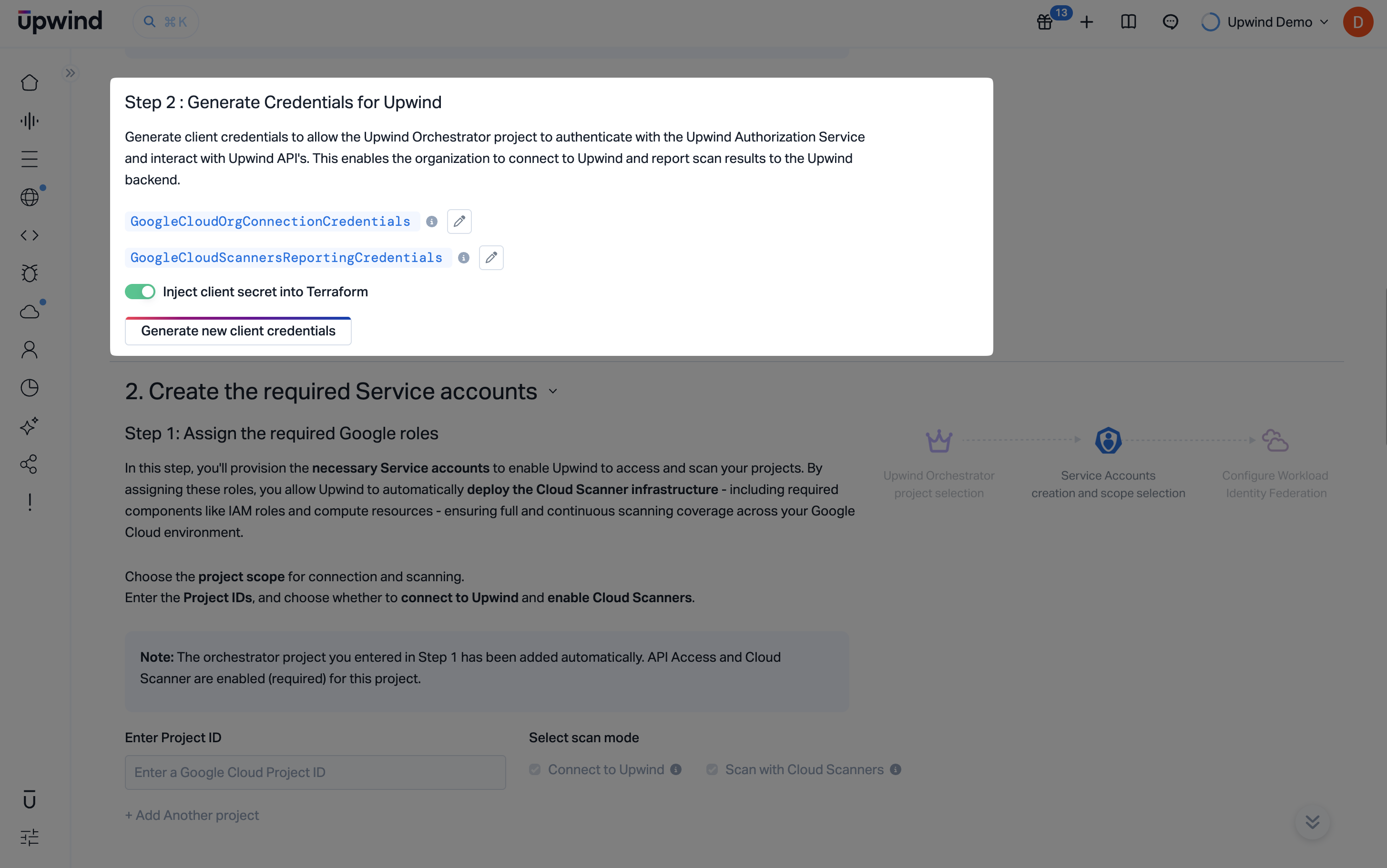 Generate client credentials for the Google Cloud Projects