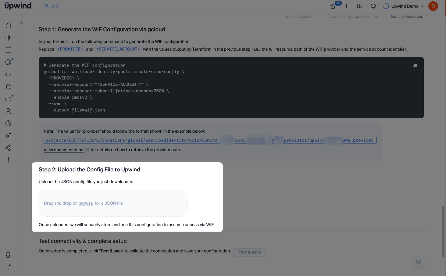 Upload the WIF configuration file to Upwind (Google Cloud Projects)