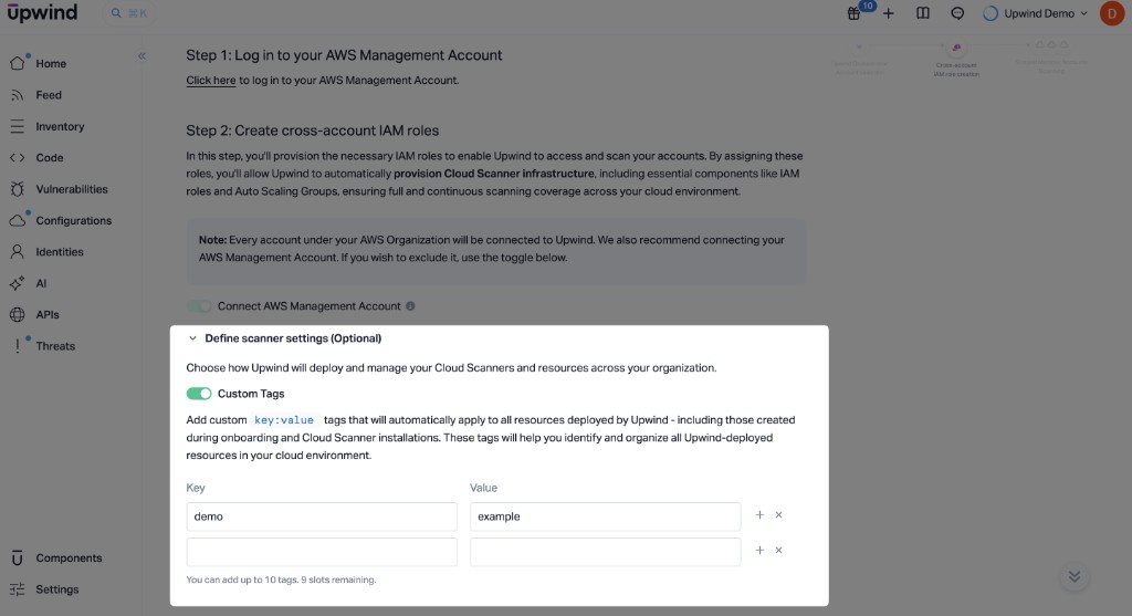 Custom Tags in Define scanner settings during Step 2 (AWS organization onboarding)