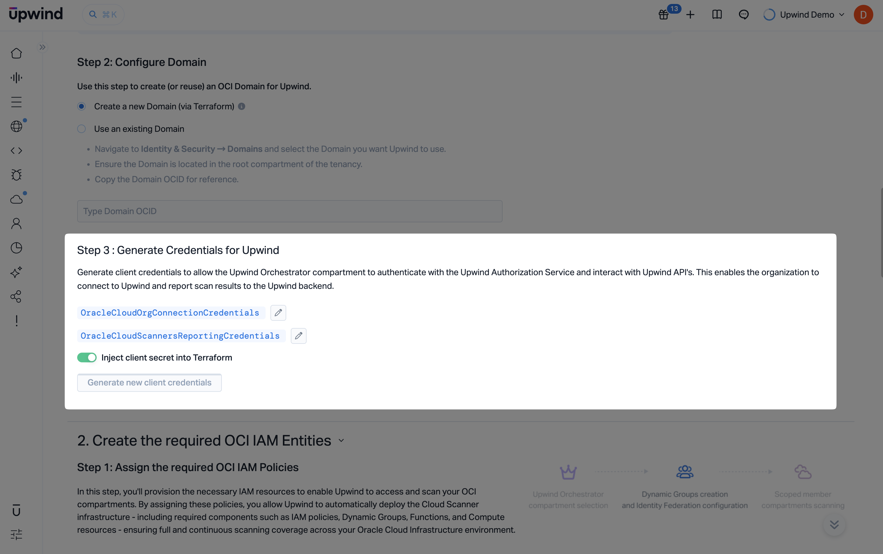 Generate client credentials for the Oracle Cloud Tenancy