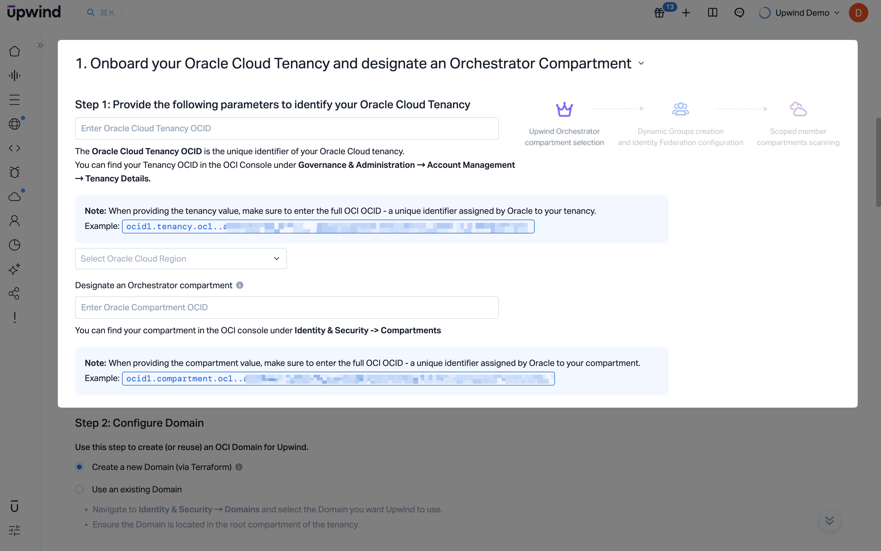 Oracle Cloud Tenancy parameters and orchestrator compartment fields